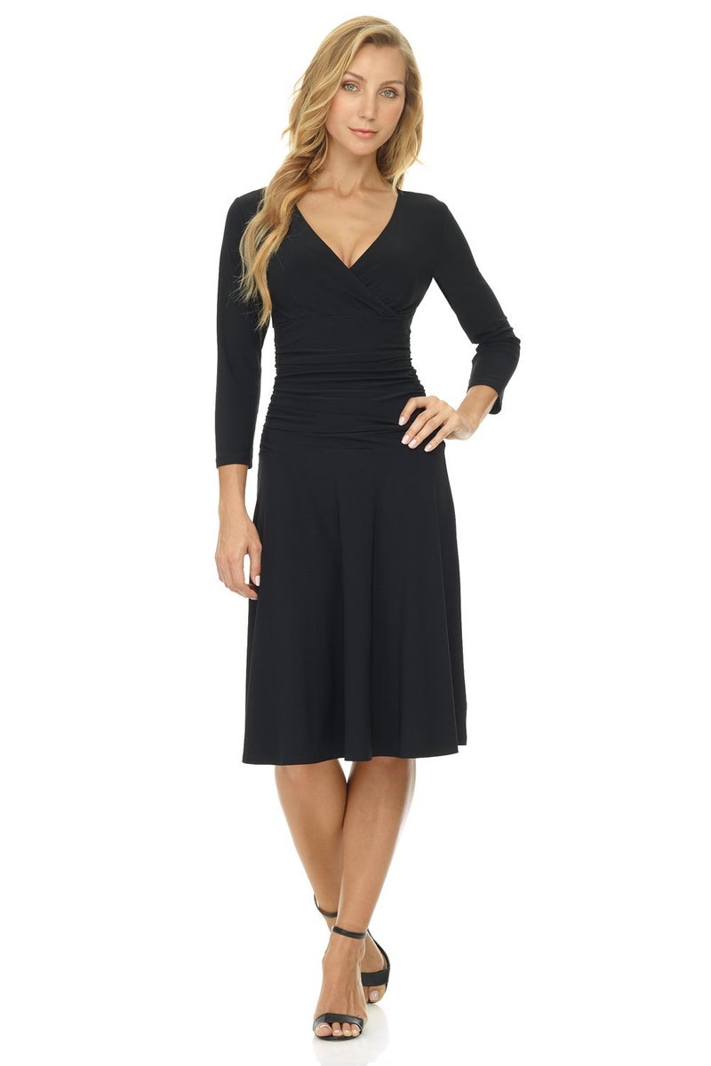 Rekucci Women's Slimming 3/4 Sleeve Fit-and-Flare Crossover Tummy Control Dress (12, Black) - Image 1